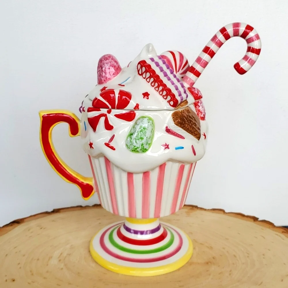 Anthropologie Gliterville Fancy Ceramic Ice Cream/Pudding Dish with Lid & Spoon